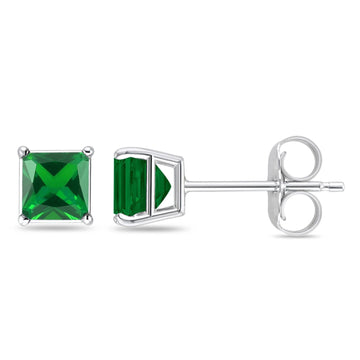 Solitaire Princess Cut Stud Earrings Simulated Green Emerald CZ 925 Sterling Silver